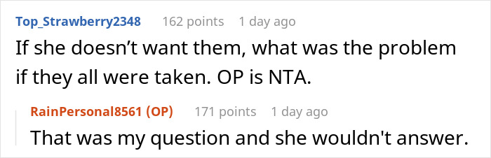 Reddit comments discussing late wife's photos being taken; user debates over intentions. Reddit comments discussing late wife's photos being taken; user debates over intentions.