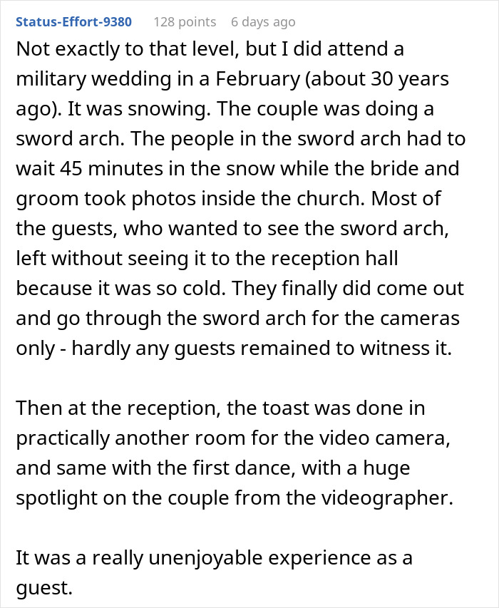 Text recounting a 4-day wedding where a couple poses for cameras, leaving guests unattended in snowy conditions. Text recounting a 4-day wedding where a couple poses for cameras, leaving guests unattended in snowy conditions.