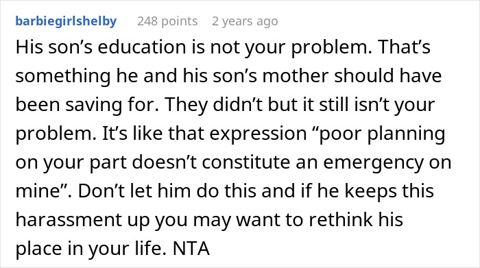 Text comment discussing responsibility for son's education and financial planning. Text comment discussing responsibility for son's education and financial planning.