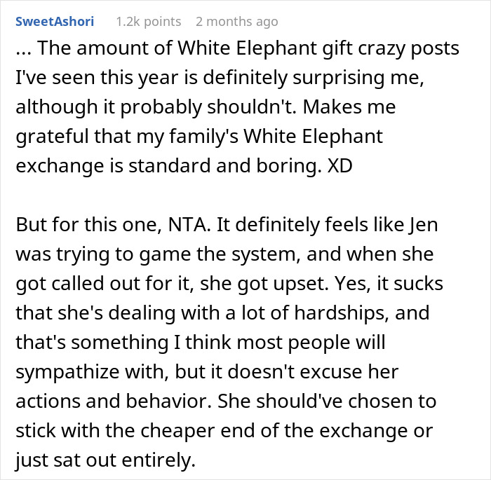 Text exchange discussing a lady sparking drama by swindling at a White Elephant gift exchange. Text exchange discussing a lady sparking drama by swindling at a White Elephant gift exchange.