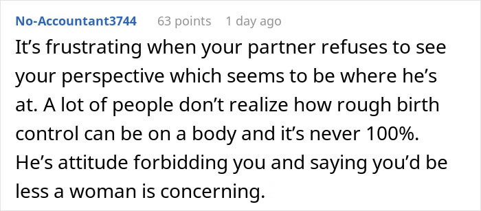 Reddit comment discussing frustration over partner disagreements and perspectives on sterilization and birth control. Reddit comment discussing frustration over partner disagreements and perspectives on sterilization and birth control.