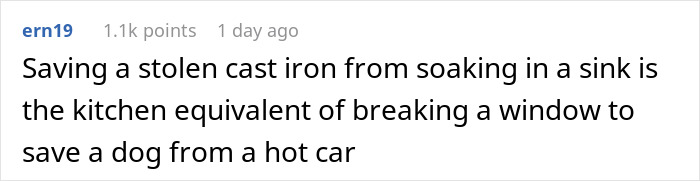 Reddit comment comparing saving a stolen cast iron skillet to rescuing a dog from a hot car. Reddit comment comparing saving a stolen cast iron skillet to rescuing a dog from a hot car.