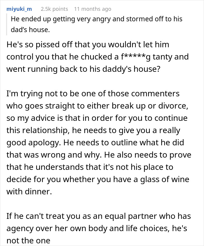 Text comment about boyfriend's refusal to get wine, mentions family genes concern and relationship advice. Text comment about boyfriend's refusal to get wine, mentions family genes concern and relationship advice.