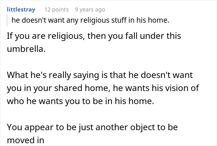 Text from a user discussing a situation where a guy prioritizes his vision over his girlfriend's religion. Text from a user discussing a situation where a guy prioritizes his vision over his girlfriend's religion.