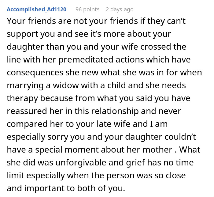 Reddit comment discussing a father's plan to share tapes of a late mother with his daughter, and conflict with a new wife. Reddit comment discussing a father's plan to share tapes of a late mother with his daughter, and conflict with a new wife.