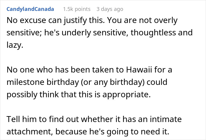 Text from Reddit comment criticizing a husband gift vacuum to his wife. Text from Reddit comment criticizing a husband gift vacuum to his wife.