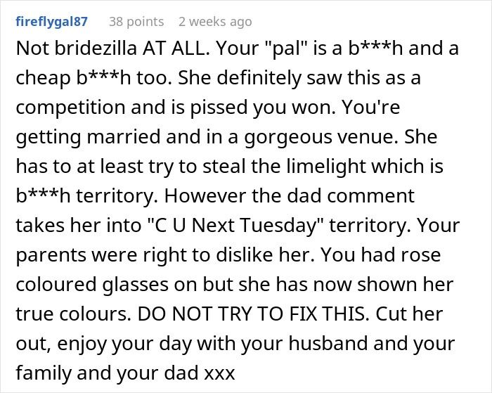 Text discussing a friend's inappropriate engagement plans at a wedding and the bride's reaction. Text discussing a friend's inappropriate engagement plans at a wedding and the bride's reaction.