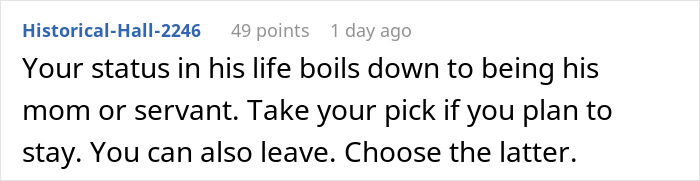 User comment about relationship roles and choices related to Hispanic cooking refusal. User comment about relationship roles and choices related to Hispanic cooking refusal.