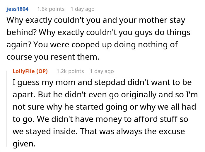 Reddit conversation about family dynamics, focusing on a stepdad and financial constraints. Reddit conversation about family dynamics, focusing on a stepdad and financial constraints.