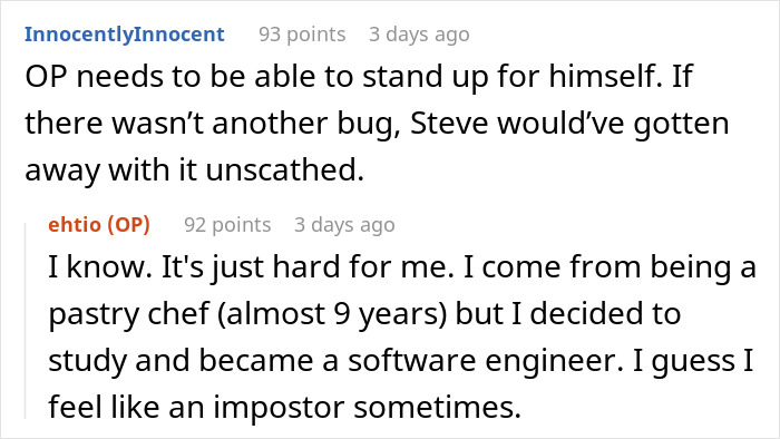 Reddit comments discussing coworker stealing work, mentioning Steve getting away and impostor syndrome. Reddit comments discussing coworker stealing work, mentioning Steve getting away and impostor syndrome.