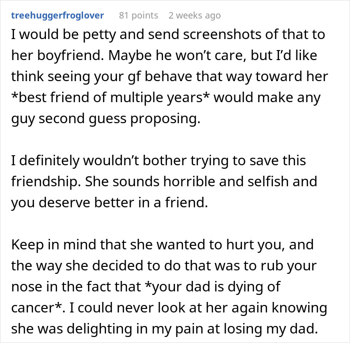 Text post discussing a best friend's inappropriate behavior towards a bride at her wedding, with advice on friendship. Text post discussing a best friend's inappropriate behavior towards a bride at her wedding, with advice on friendship.