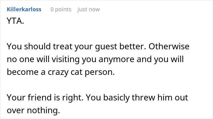 Reddit comment criticizes person for overreacting to friend mistreating their cat. Reddit comment criticizes person for overreacting to friend mistreating their cat.