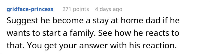 Comment suggesting a husband become a stay-at-home dad instead of a wife giving up her promotion. Comment suggesting a husband become a stay-at-home dad instead of a wife giving up her promotion.