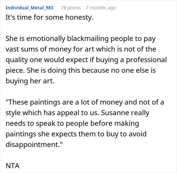 Text from a user discussing issues with woman selling unwanted paintings. Text from a user discussing issues with woman selling unwanted paintings.