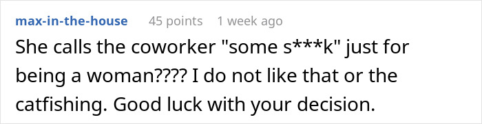 Reddit user comments on testing boyfriend's loyalty, addressing catfishing concerns and derogatory terms about a coworker. Reddit user comments on testing boyfriend's loyalty, addressing catfishing concerns and derogatory terms about a coworker.