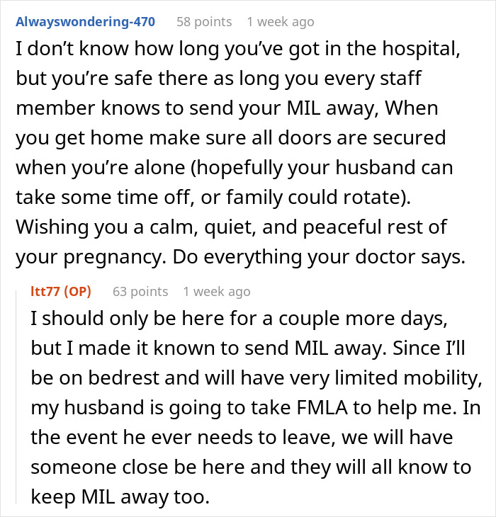 Hospital text exchange about pregnant woman resting after fall, discussing sending MIL away for peace. Hospital text exchange about pregnant woman resting after fall, discussing sending MIL away for peace.