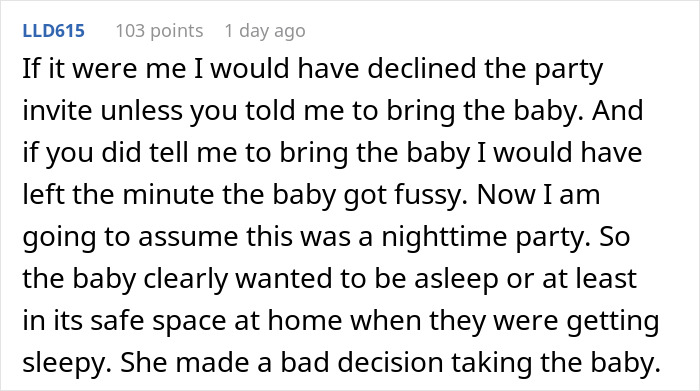 Text comment about a party decision related to a baby crying at a friend's birthday. Text comment about a party decision related to a baby crying at a friend's birthday.