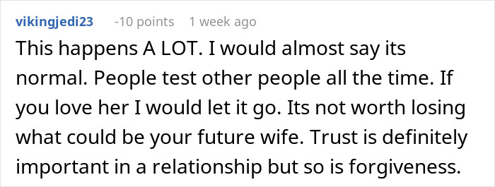 Reddit comment about relationship tests and the importance of trust and forgiveness. Reddit comment about relationship tests and the importance of trust and forgiveness.
