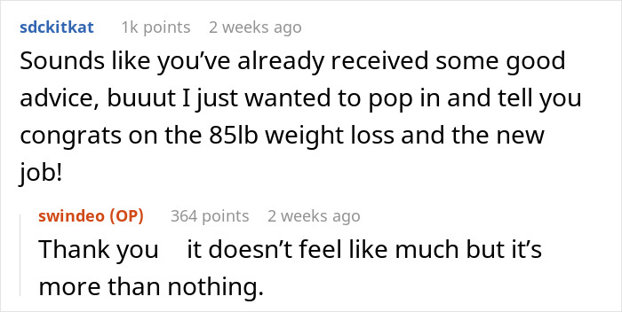 Reddit conversation about a new hire celebrating weight loss and a new job, highlighting congratulations and gratitude. Reddit conversation about a new hire celebrating weight loss and a new job, highlighting congratulations and gratitude.