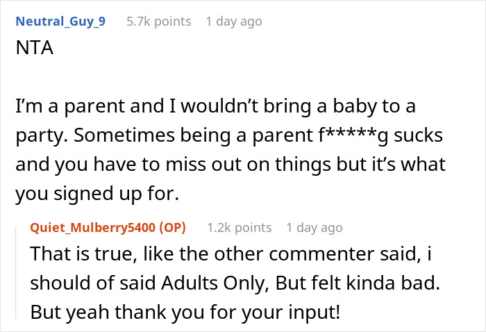 Reddit comments about friend birthday and bringing a baby, discussing adult-only parties and parenting challenges. Reddit comments about friend birthday and bringing a baby, discussing adult-only parties and parenting challenges.