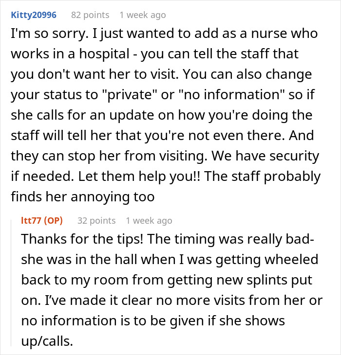 Online forum discussing a pregnant woman's hospital experience after a fall, with advice on handling MIL visits. Online forum discussing a pregnant woman's hospital experience after a fall, with advice on handling MIL visits.