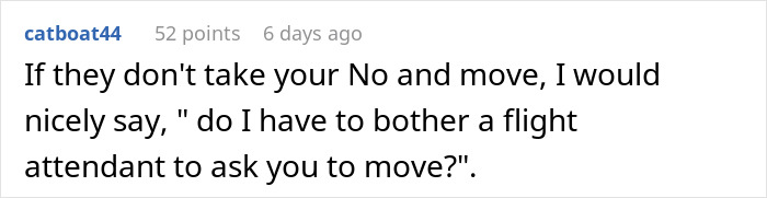 Reddit comment discussing the response to a passenger lying about grandma for an aisle seat. Reddit comment discussing the response to a passenger lying about grandma for an aisle seat.