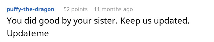 Reddit comment praising a user's support for their sister, discussing updates on a handsome crush situation. Reddit comment praising a user's support for their sister, discussing updates on a handsome crush situation.