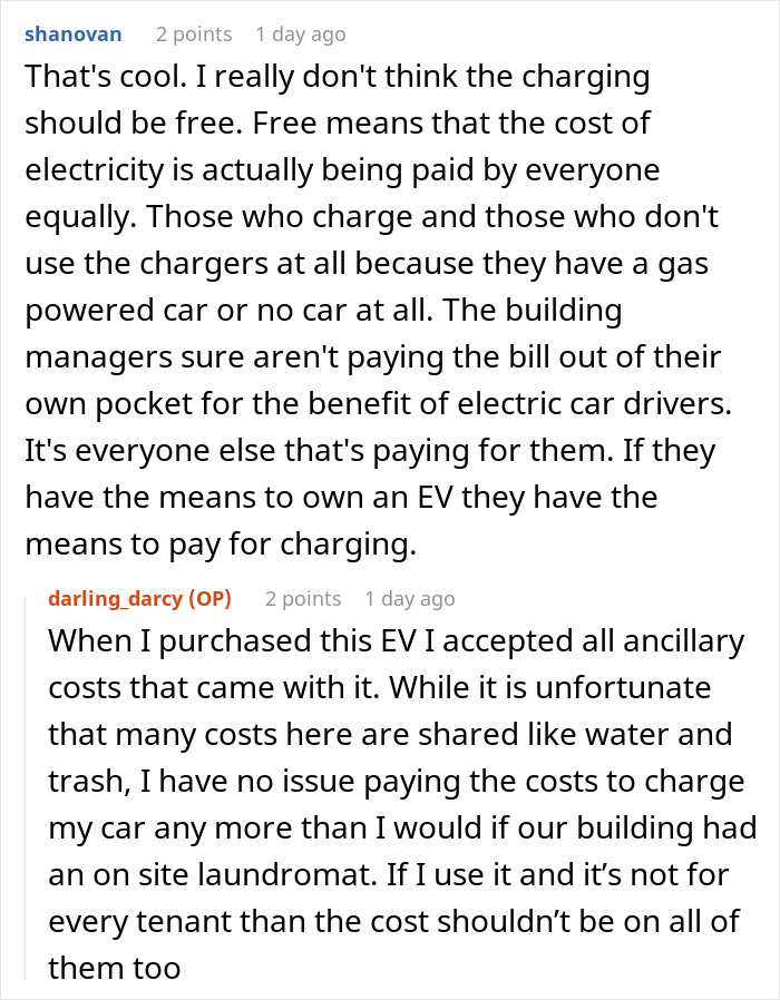 Discussion on Tesla drivers' cost responsibilities at charging stations in online forum comments. Discussion on Tesla drivers' cost responsibilities at charging stations in online forum comments.
