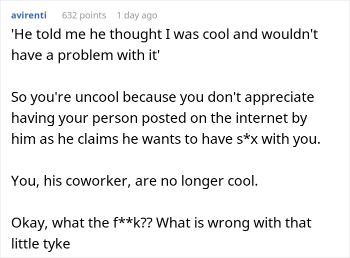 Screenshot of a Reddit comment about a teen's internet photo trend upsetting a coworker. Screenshot of a Reddit comment about a teen's internet photo trend upsetting a coworker.