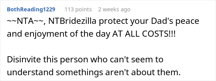 Reddit comment advising bride to disinvite friend wanting to get engaged at her wedding. Reddit comment advising bride to disinvite friend wanting to get engaged at her wedding.