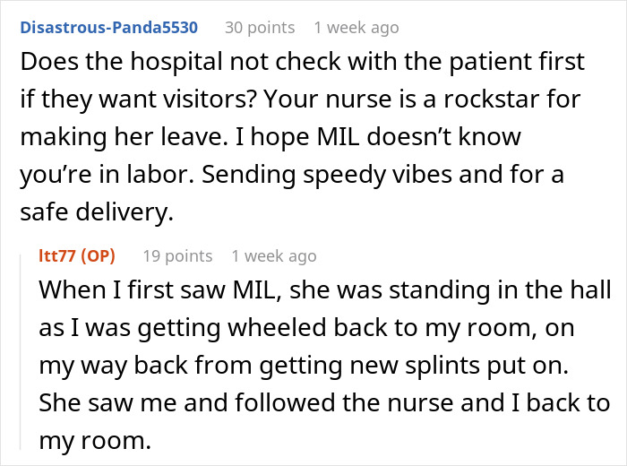 Reddit comments discussing a pregnant woman's hospital visit after a fall with an unexpected MIL encounter. Reddit comments discussing a pregnant woman's hospital visit after a fall with an unexpected MIL encounter.