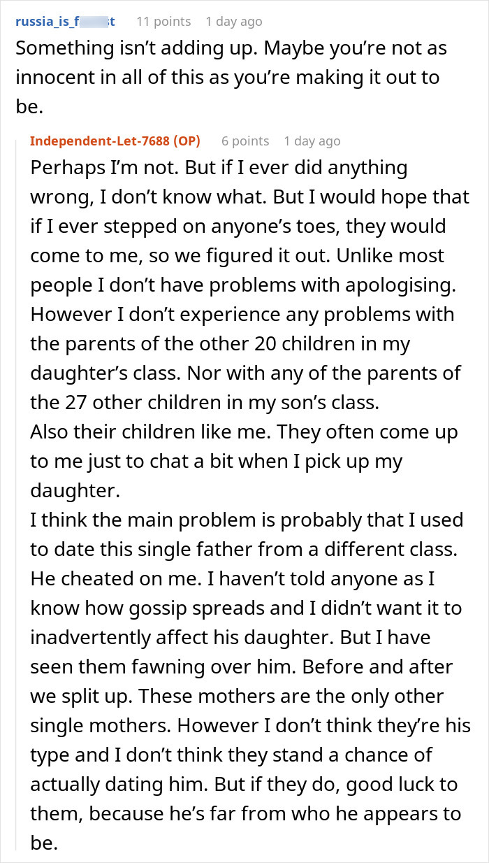 Text discussion about a mom dealing with daughter’s classmates' parents over party exclusions and personal issues. Text discussion about a mom dealing with daughter’s classmates' parents over party exclusions and personal issues.