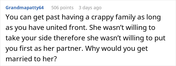 Comment discussing wedding cancellation due to in-laws' behavior and lack of partner support. Comment discussing wedding cancellation due to in-laws' behavior and lack of partner support.