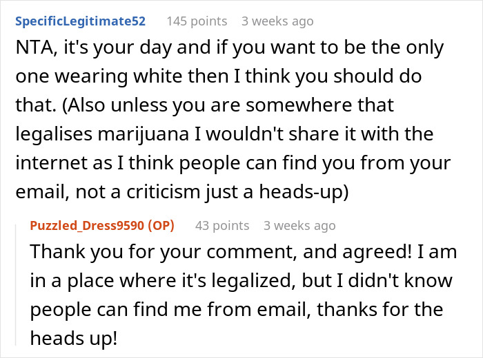 Reddit discussion about a bride requesting her grandmother avoid wearing white to her wedding. Reddit discussion about a bride requesting her grandmother avoid wearing white to her wedding.