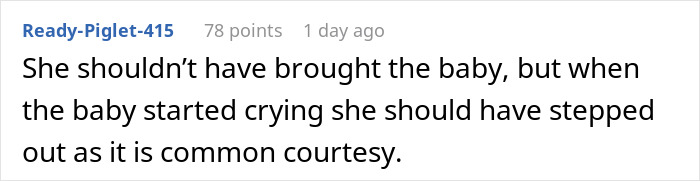 Text comment about baby crying at a friend's birthday, suggesting stepping out as courtesy. Text comment about baby crying at a friend's birthday, suggesting stepping out as courtesy.