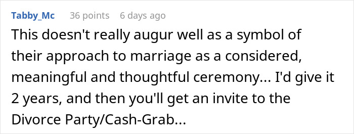 Reddit comment criticizing a couple's 4-day wedding. Reddit comment criticizing a couple's 4-day wedding.