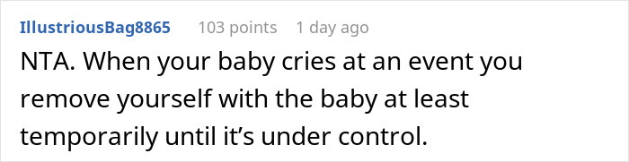 Reddit comment on baby crying at a friend's birthday event and handling the situation. Reddit comment on baby crying at a friend's birthday event and handling the situation.