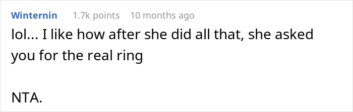 Comment highlighting the fiancé’s reaction to the swap of a real ring for a fake one. Comment highlighting the fiancé’s reaction to the swap of a real ring for a fake one.