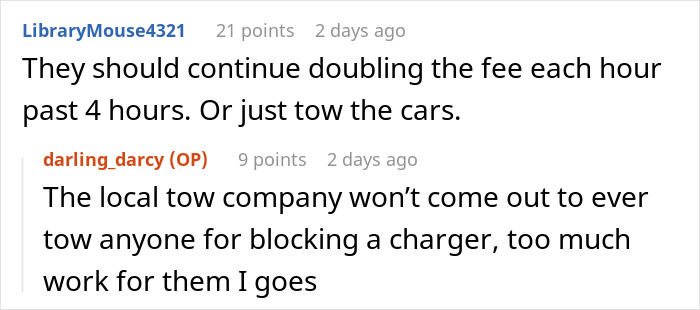 Comments discussing Tesla drivers facing issues at charging stations about fee doubling and towing. Comments discussing Tesla drivers facing issues at charging stations about fee doubling and towing.