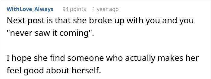 Reddit comment discussing a breakup, emphasizing making someone feel good about themselves, related to looking boring and dumpy. Reddit comment discussing a breakup, emphasizing making someone feel good about themselves, related to looking boring and dumpy.