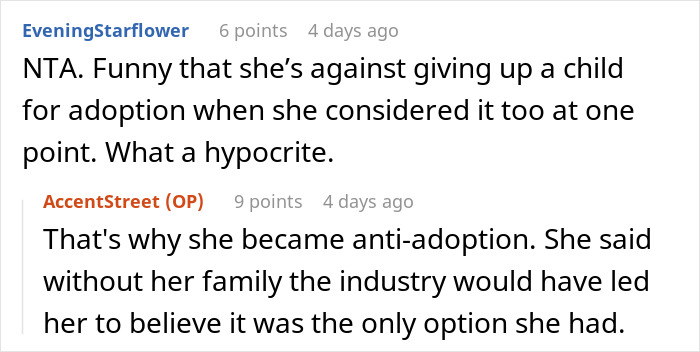 Reddit comments discussing adoption regrets, with users debating a woman's views on adoption as a hypocrite. Reddit comments discussing adoption regrets, with users debating a woman's views on adoption as a hypocrite.