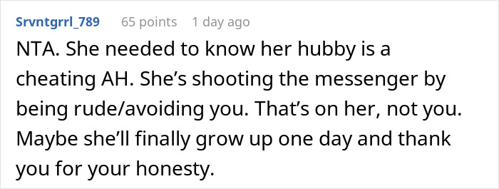 Reddit comment about honesty in relationships and confronting infidelity between neighbors. Reddit comment about honesty in relationships and confronting infidelity between neighbors.