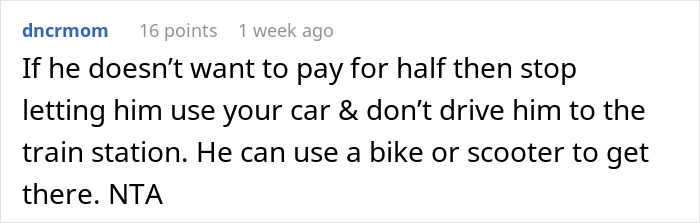 Text conversation discussing a husband not paying half of car bills, suggesting alternatives like biking. Text conversation discussing a husband not paying half of car bills, suggesting alternatives like biking.