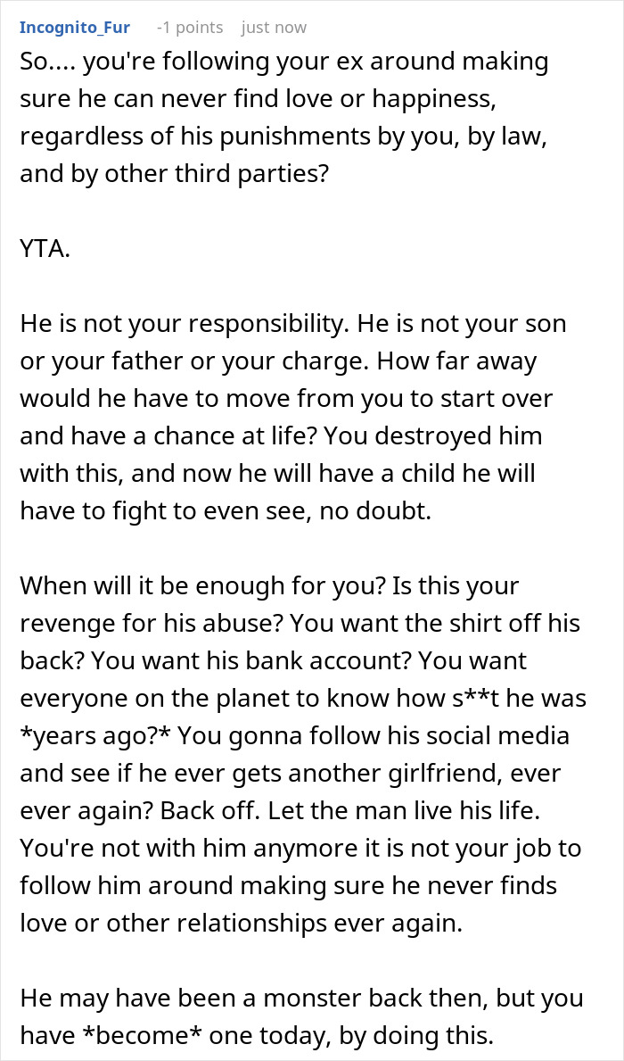 Text from a Reddit user criticizing a woman warning her ex's pregnant wife about his criminal record. Text from a Reddit user criticizing a woman warning her ex's pregnant wife about his criminal record.