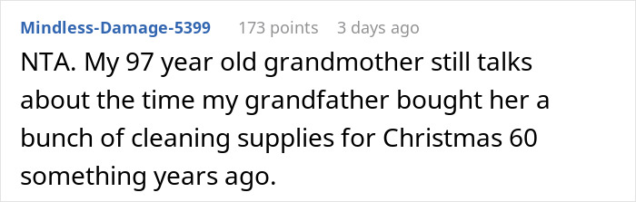 Comment recounting a grandmother's memory of receiving cleaning supplies as a Christmas gift from her husband 60 years ago. Comment recounting a grandmother's memory of receiving cleaning supplies as a Christmas gift from her husband 60 years ago.
