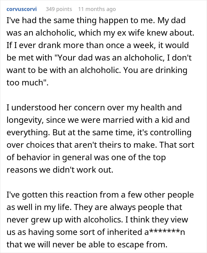 Text recounts a story about alcohol and family genes, comparing shared experiences of genetic alcoholism. Text recounts a story about alcohol and family genes, comparing shared experiences of genetic alcoholism.