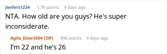 Reddit comments on a boyfriend confrontation about cooking, discussing inconsiderate behavior and age difference. Reddit comments on a boyfriend confrontation about cooking, discussing inconsiderate behavior and age difference.