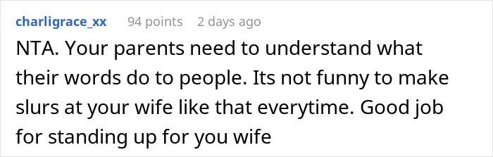 Comment addressing parents' racist remarks towards Thai wife, encouraging support from son. Comment addressing parents' racist remarks towards Thai wife, encouraging support from son.