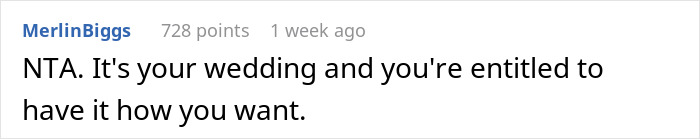 Comment by MerlinBiggs supporting a dry wedding decision despite parent's disapproval. Comment by MerlinBiggs supporting a dry wedding decision despite parent's disapproval.