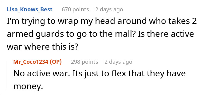 Comments discussing a woman with guards at a mall, questioning necessity and intent. Comments discussing a woman with guards at a mall, questioning necessity and intent.